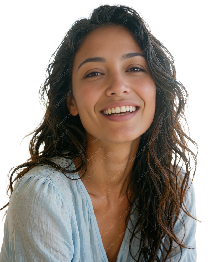 Woman with long dark wavy hair in a light blue blouse smiling, sample profile on an online dating site