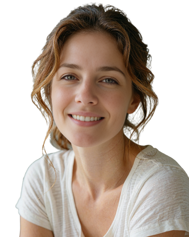 Woman with chestnut hair pulled back and a bright smile in a white tee, verified dating profile example
