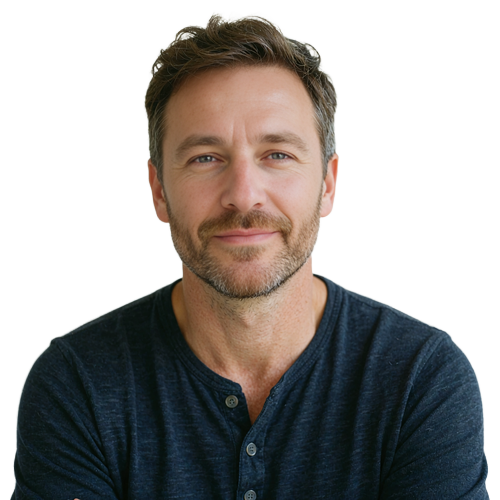 Man in his forties with a trimmed beard and navy henley, illustrative Selunion member voice