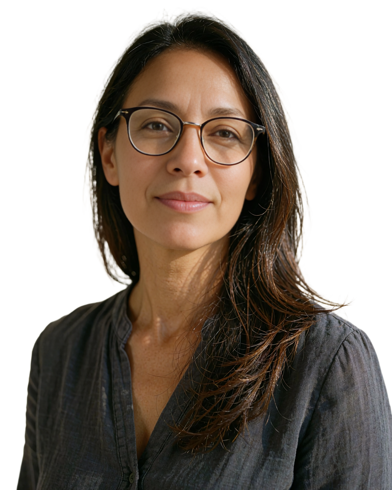Woman with glasses and straight dark hair in a charcoal blouse, sample profile photo used in our Selunion legit review