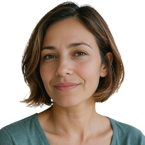 Woman with a brown bob in a teal top smiling, example of a dating site member comment