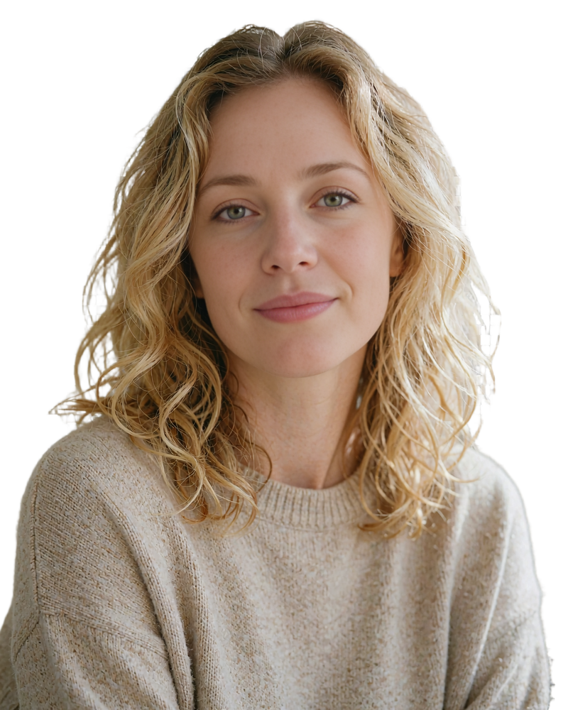 Friendly woman with wavy blonde hair in an oatmeal sweater, example profile for a Selunion FAQ guide