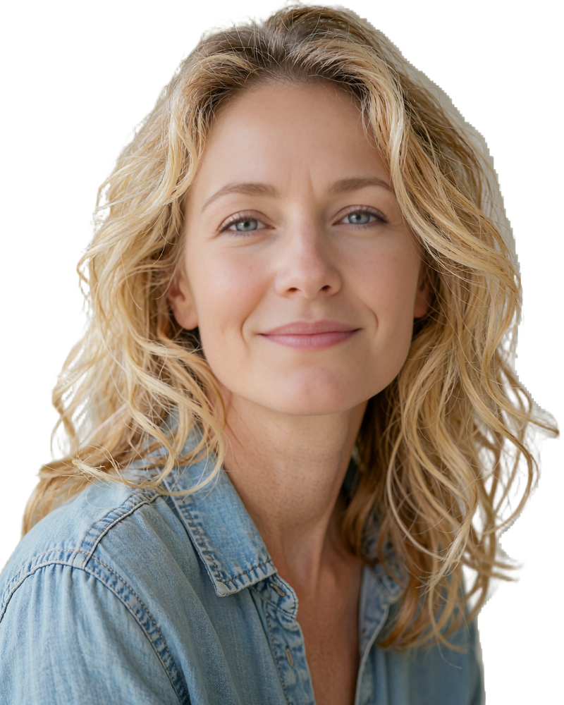 Friendly woman with sandy-blonde waves in a chambray shirt, example profile you can browse free before buying credits