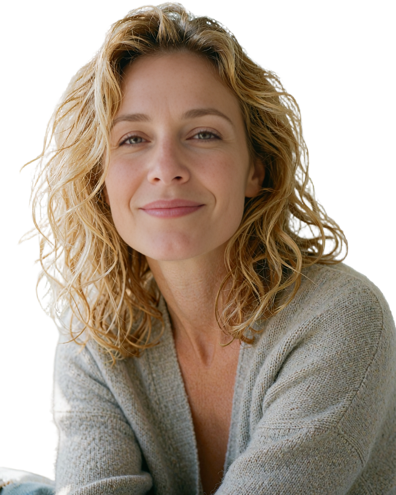 Cheerful woman with wavy honey-blonde hair in a gray cardigan, sample single looking for a relationship