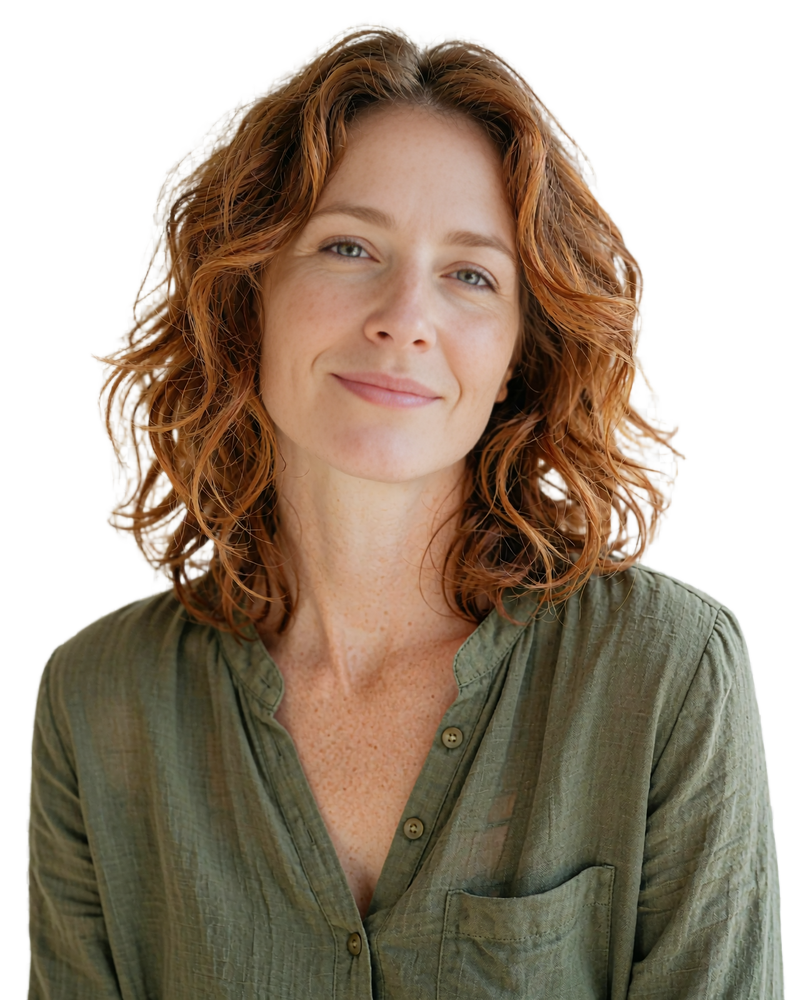 Friendly woman with wavy auburn hair and freckles in an olive blouse, example of a verified dating profile