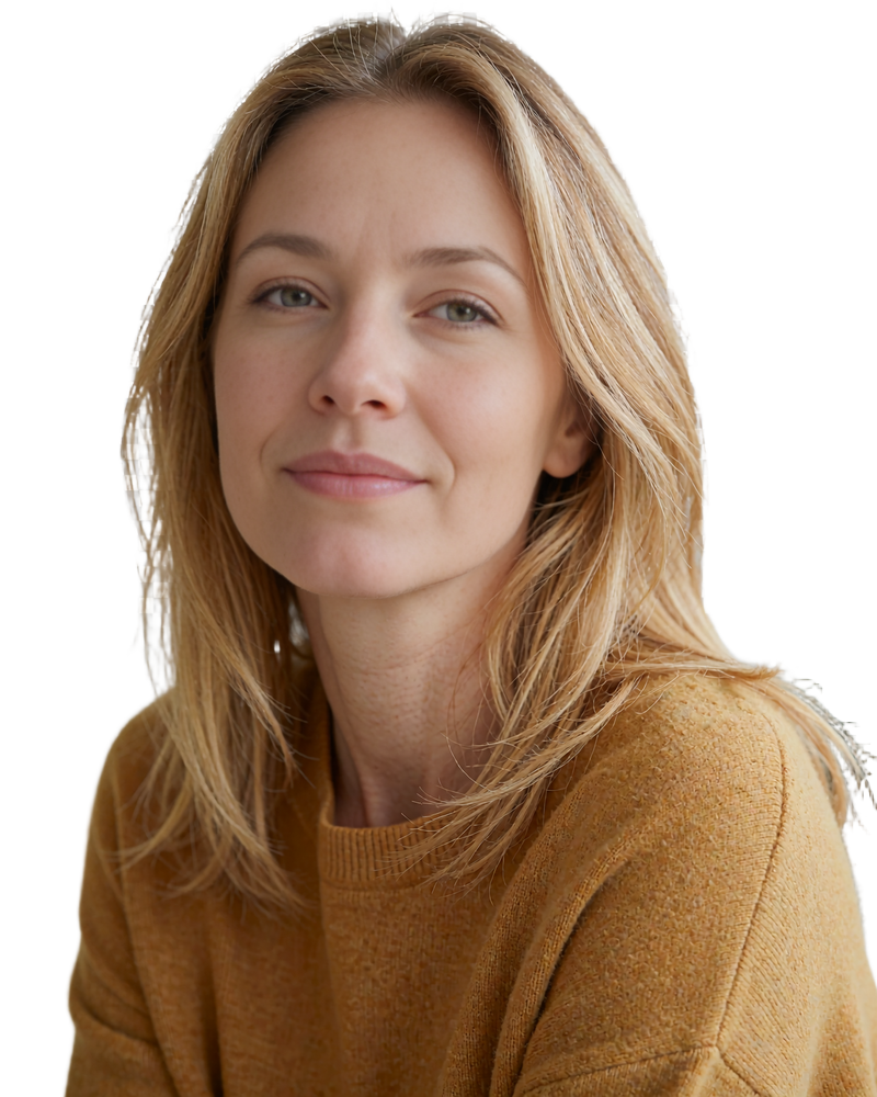 Woman with straight honey-blonde hair in a mustard sweater, calm smile, example verified member card