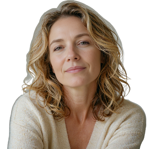 Woman with light-brown wavy hair in a cream cardigan, example comment about dating safety tools