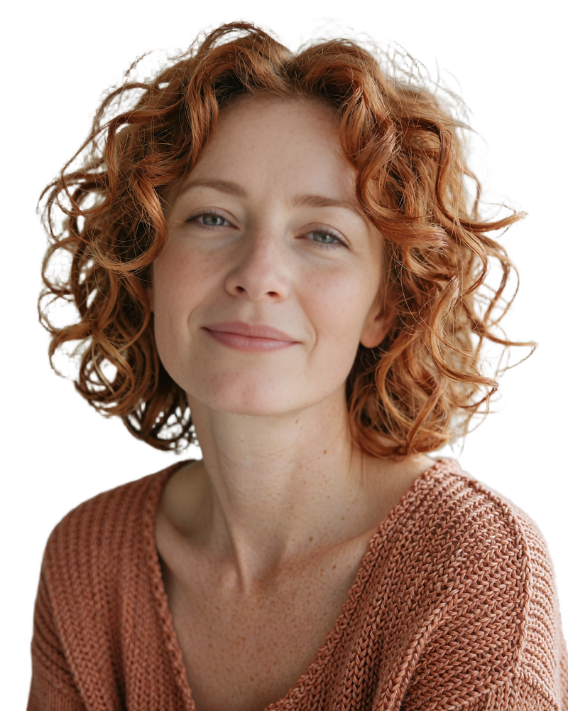 Woman around forty with copper-red curls and freckles in a terracotta top, example of a mature dating profile
