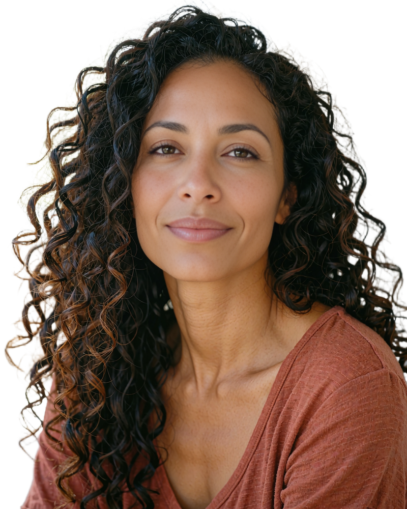Confident woman in her forties with dark curly hair and a rust top, shown on a Selunion review profile card