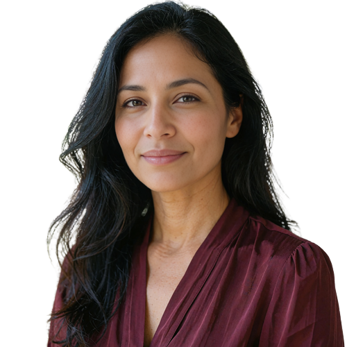 Woman with long black hair in a burgundy blouse, illustrative online dating feedback example