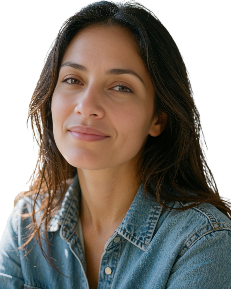 Woman with long dark brown hair in a denim shirt, natural photo for a serious online dating profile